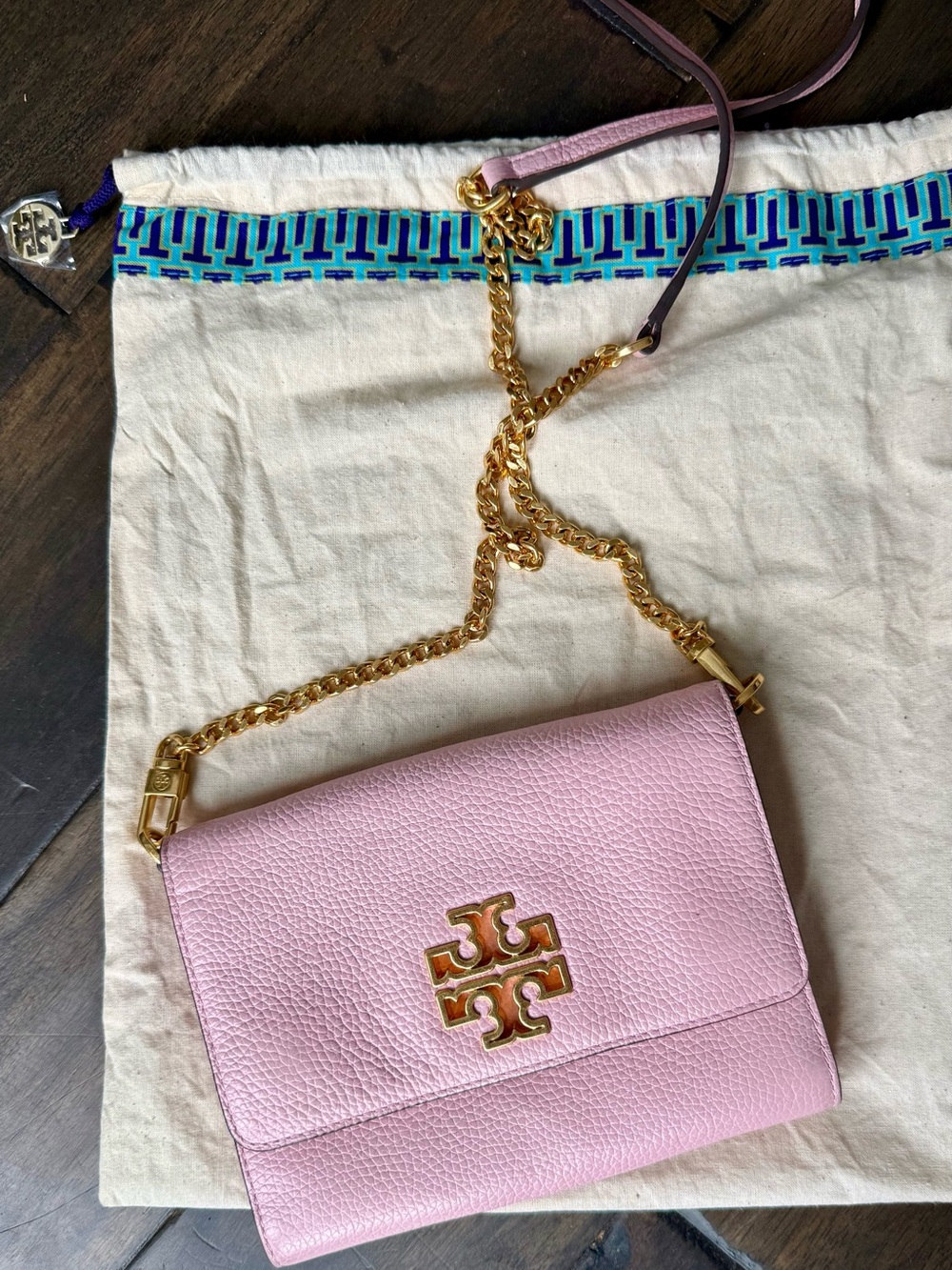 Tory Burch Light Pink Pebbled Leather Chain-Shoulder Crossbody